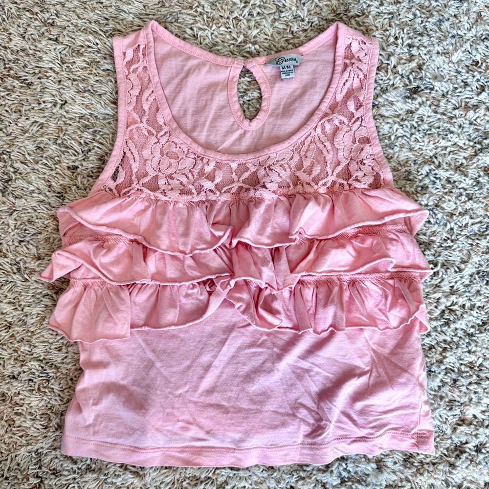 Guess - Women’s (M) Y2K Pink Ruffle Sleeveless Top Shirt
